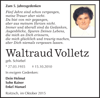 Traueranzeige von Waltraud Volletz von Mitteldeutsche Zeitung Bitterfeld