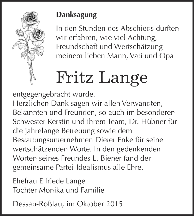  Traueranzeige für Fritz Lange vom 31.10.2015 aus WVG - Wochenspiegel Dessau / Köthen