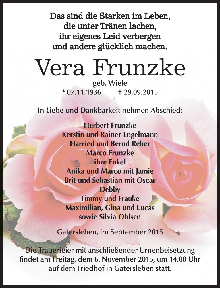  Traueranzeige für Vera Frunzke vom 10.10.2015 aus Mitteldeutsche Zeitung Aschersleben