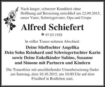 Traueranzeige von Alfred Schiefert von WVG - Wochenspiegel Dessau / Köthen
