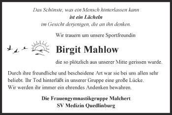 Traueranzeige von Birgit Mahlow von Super Sonntag Quedlinburg