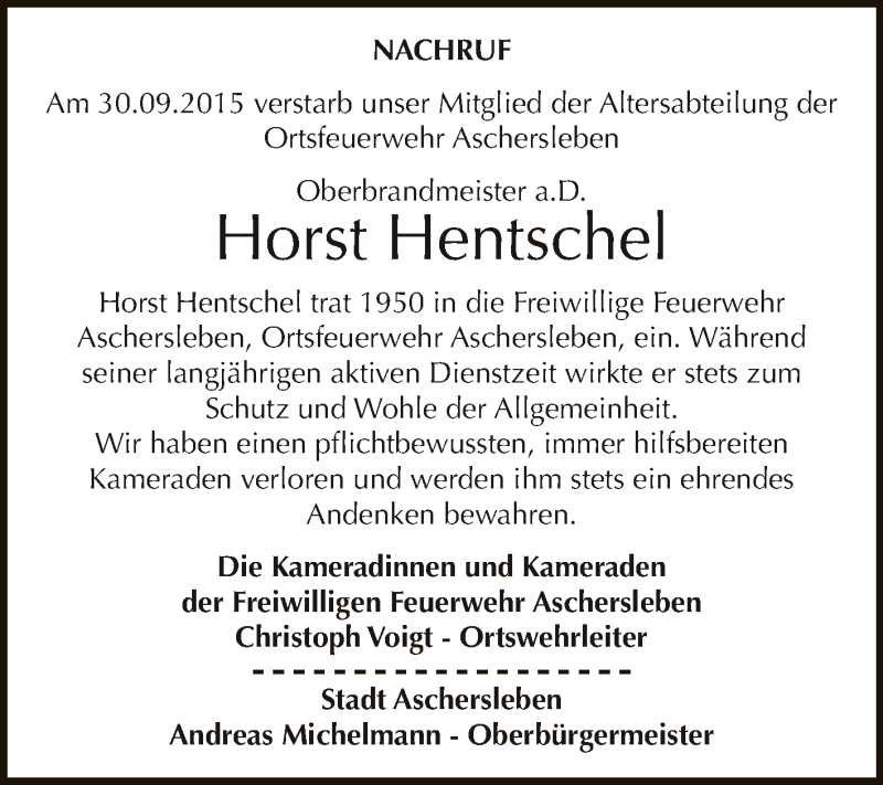  Traueranzeige für Horst Hentschel vom 14.10.2015 aus Super Sonntag Aschersleben