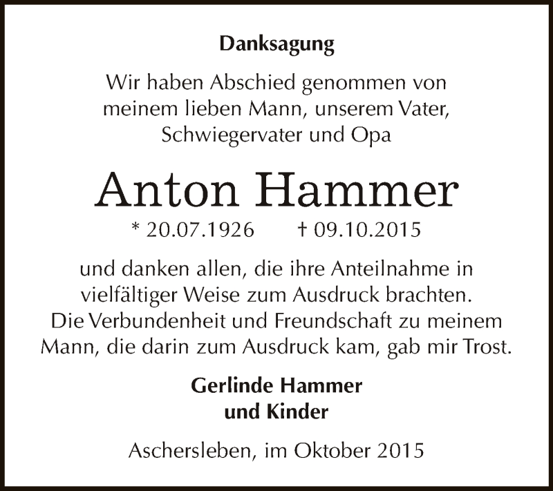  Traueranzeige für Anton Hammer vom 21.10.2015 aus Super Sonntag Aschersleben