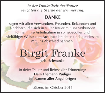 Traueranzeige von Birgit Franke von Super Sonntag Merseburg