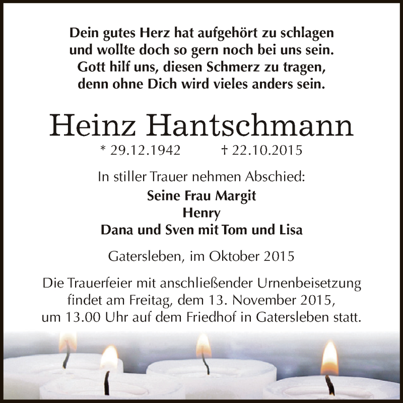  Traueranzeige für Heinz Hantschmann vom 31.10.2015 aus Super Sonntag Aschersleben