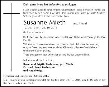 Traueranzeige von Susanne Mieth von WVG - Wochenspiegel NMB / WSF / ZTZ