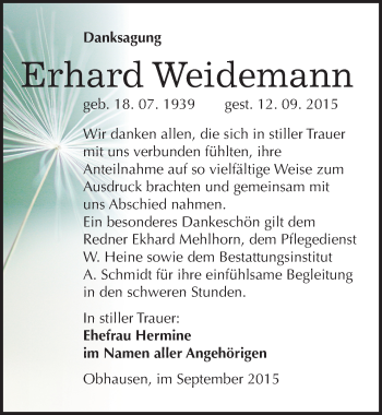 Traueranzeige von Erhard Weidemann von Mitteldeutsche Zeitung Merseburg/Querfurt