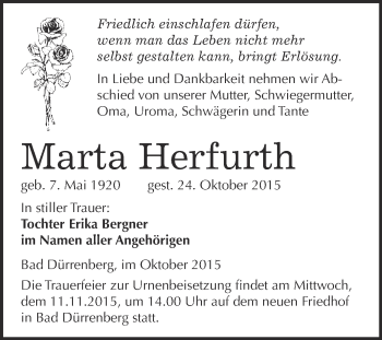 Traueranzeige von Marta Herfurth von Super Sonntag Merseburg