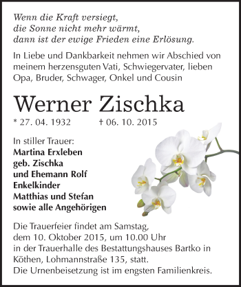 Traueranzeige von Werner Zischka von Mitteldeutsche Zeitung Köthen