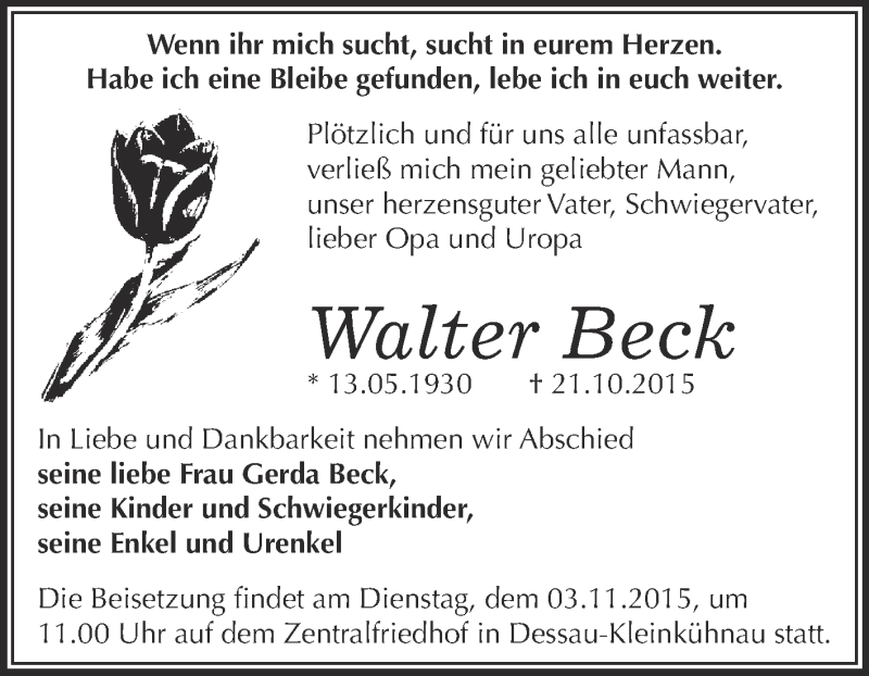  Traueranzeige für Walter Beck vom 31.10.2015 aus WVG - Wochenspiegel Dessau / Köthen