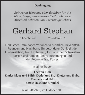 Traueranzeige von Gerhjard Stephan von WVG - Wochenspiegel Dessau / Köthen