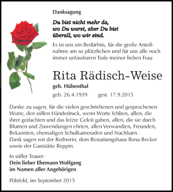 Traueranzeige von Rita Rädisch-Weise von Super Sonntag SGH Mansf. Land