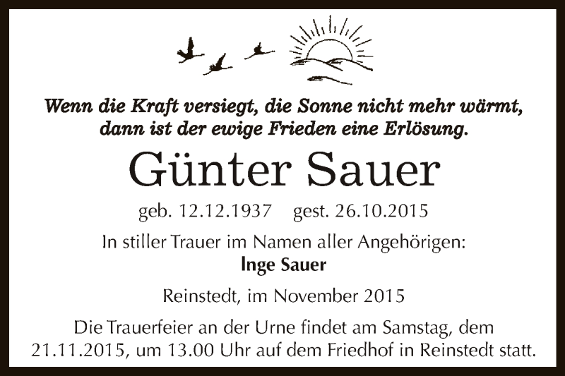  Traueranzeige für Günter Sauer vom 31.10.2015 aus Super Sonntag Aschersleben