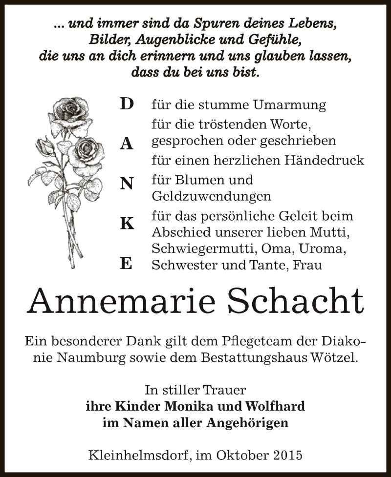  Traueranzeige für Annemarie Schacht vom 17.10.2015 aus Super Sonntag Zeitz