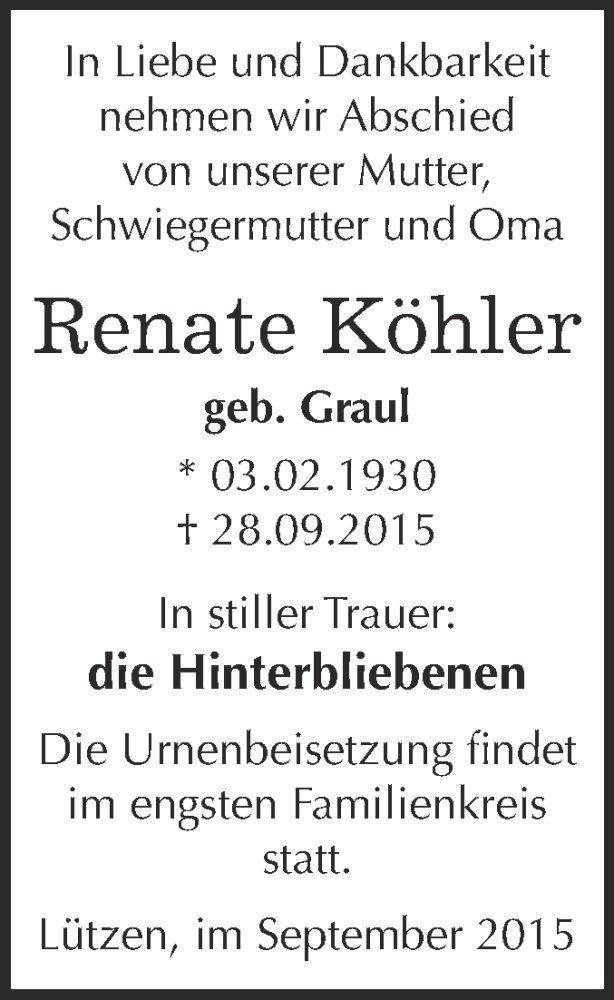  Traueranzeige für Renate Köhler vom 07.10.2015 aus Super Sonntag Merseburg