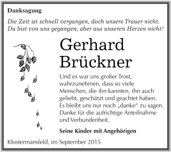 Traueranzeige von Gerhard Brückner von Wochenspiegel Mansfelder Land