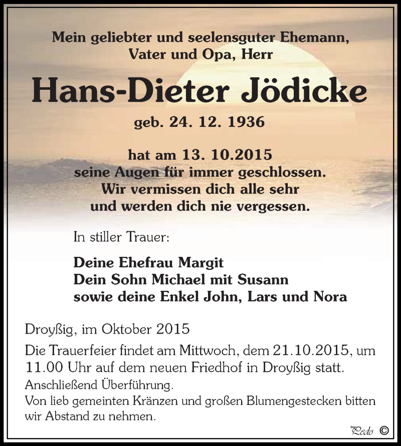  Traueranzeige für Hans-Dieter Jödicke vom 17.10.2015 aus Super Sonntag Zeitz