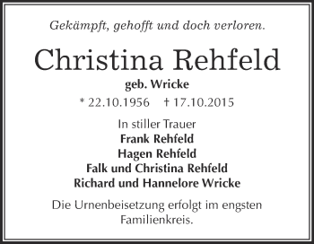 Traueranzeige von Christina Rehfeld von Super Sonntag Wittenberg