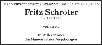 Traueranzeige von Fritz Schröter von WVG - Wochenspiegel Dessau / Köthen