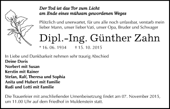 Traueranzeige von Günther Zahn von Mitteldeutsche Zeitung Bitterfeld