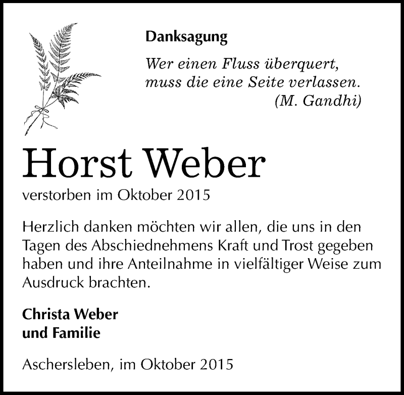  Traueranzeige für Horst Weber vom 30.10.2015 aus Mitteldeutsche Zeitung Aschersleben
