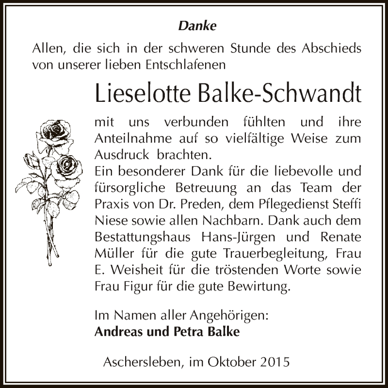  Traueranzeige für Lieselotte Balke-Schwandt vom 03.10.2015 aus Super Sonntag Aschersleben