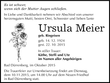 Traueranzeige von Ursula Meier von Mitteldeutsche Zeitung Merseburg/Querfurt