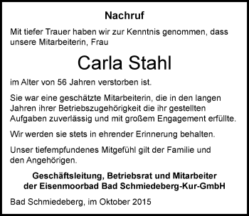 Traueranzeige von Carla Stahl von Mitteldeutsche Zeitung Wittenberg
