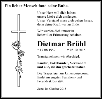 Traueranzeige von Dietmar Brühl von Mitteldeutsche Zeitung Zeitz