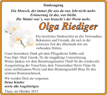 Traueranzeige von Olga Riediger von Super Sonntag Quedlinburg