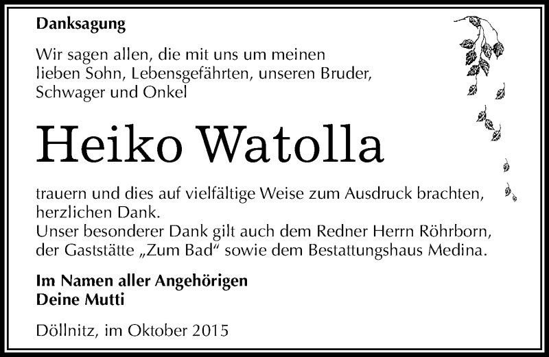  Traueranzeige für Heiko Watolla vom 17.10.2015 aus Mitteldeutsche Zeitung Halle/Saalkreis
