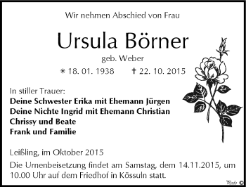 Traueranzeige von Ursula Börner von Mitteldeutsche Zeitung Weißenfels