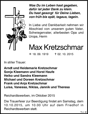 Traueranzeige von Max Kretzschmar von Mitteldeutsche Zeitung Weißenfels
