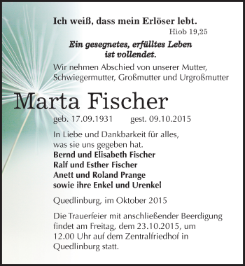 Traueranzeige von Marta Fischer von Mitteldeutsche Zeitung Quedlinburg