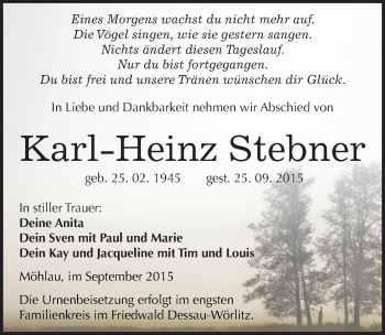 Traueranzeige von Karl-Heinz Stebner von Mitteldeutsche Zeitung Wittenberg