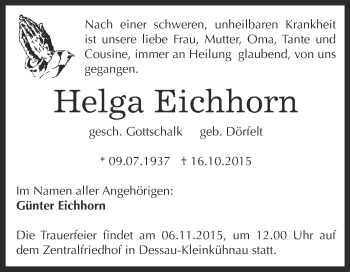 Traueranzeige von Helga Eichhorn von WVG - Wochenspiegel Dessau / Köthen
