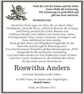 Traueranzeige von Roswitha Anders von Super Sonntag SGH Mansf. Land