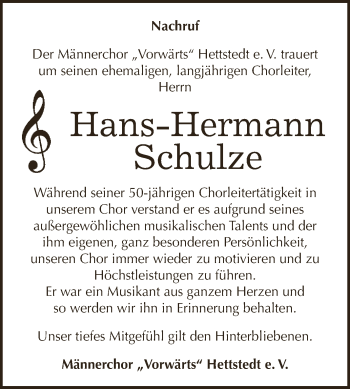 Traueranzeige von Hans-Hermann Schulze von Super Sonntag SGH Mansf. Land