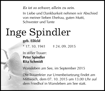 Traueranzeige von Inge Spindler von Mitteldeutsche Zeitung Mansfelder Land