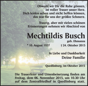 Traueranzeige von Mechtildis Busch von Mitteldeutsche Zeitung Quedlinburg