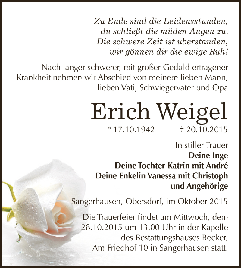  Traueranzeige für Erich Weigel vom 24.10.2015 aus Super Sonntag SGH Mansf. Land