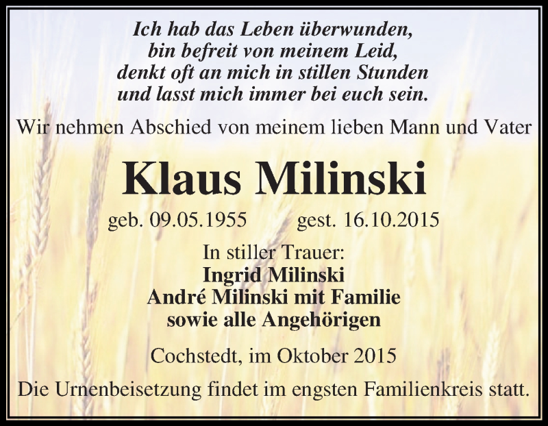 Traueranzeige für Klaus Milinski vom 21.10.2015 aus Super Sonntag Aschersleben