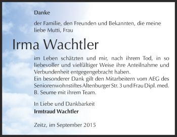 Traueranzeige von Irma Wachtler von Super Sonntag Zeitz