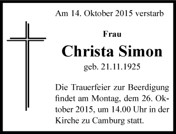 Traueranzeige von Christa Simon von Mitteldeutsche Zeitung Naumburg/Nebra