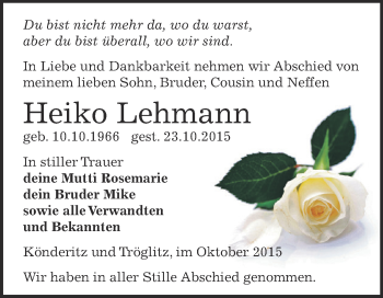 Traueranzeige von Heiko Lehmann von Super Sonntag Zeitz