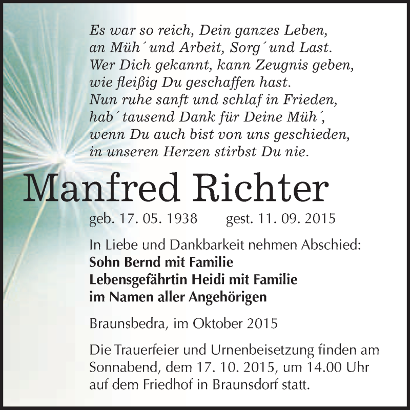  Traueranzeige für Manfred Richter vom 10.10.2015 aus WVG - Wochenspiegel Merseburg