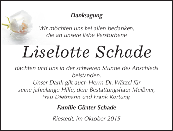 Traueranzeige von Liselotte Schade von Mitteldeutsche Zeitung Sangerhausen