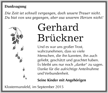 Traueranzeige von Gerhard Brückner von Mitteldeutsche Zeitung Mansfelder Land