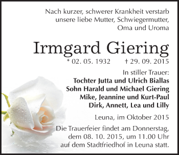 Traueranzeige von Irmgard Giering von Mitteldeutsche Zeitung Merseburg/Querfurt