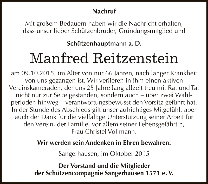  Traueranzeige für Manfred Reitzenstein vom 24.10.2015 aus Super Sonntag SGH Mansf. Land